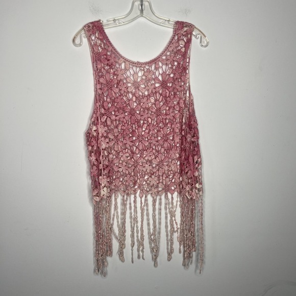 INDIA Tank Top Womens One Size Pink Crochet Fringe Floral Boho Festival Cropped - Picture 2 of 13